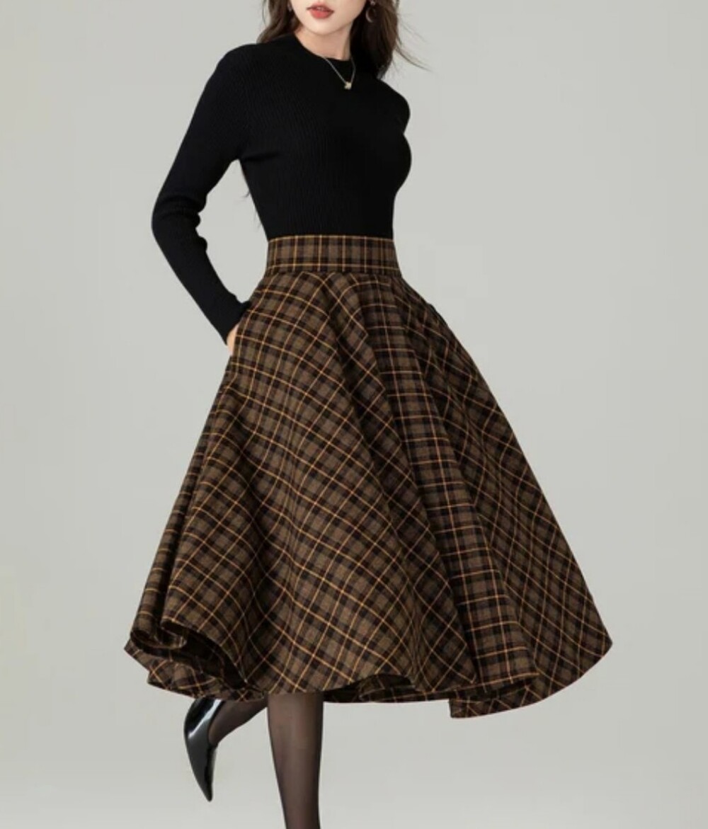 Women's Black, Golden Brown Plaid Asymmetric Handkerchief Hem Skirt